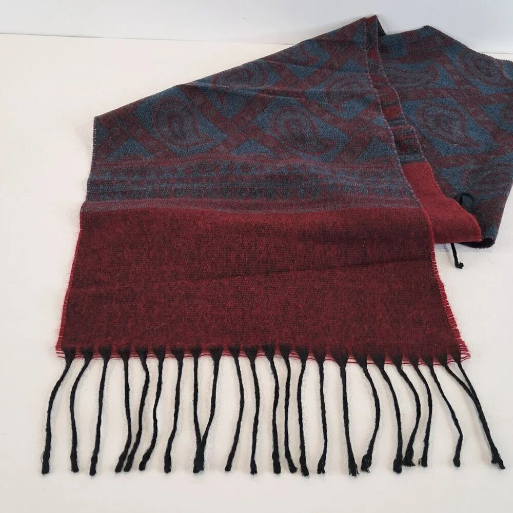 Christian Dior Cashluxe Burgundy and Blue Paisley Fringed Scarf